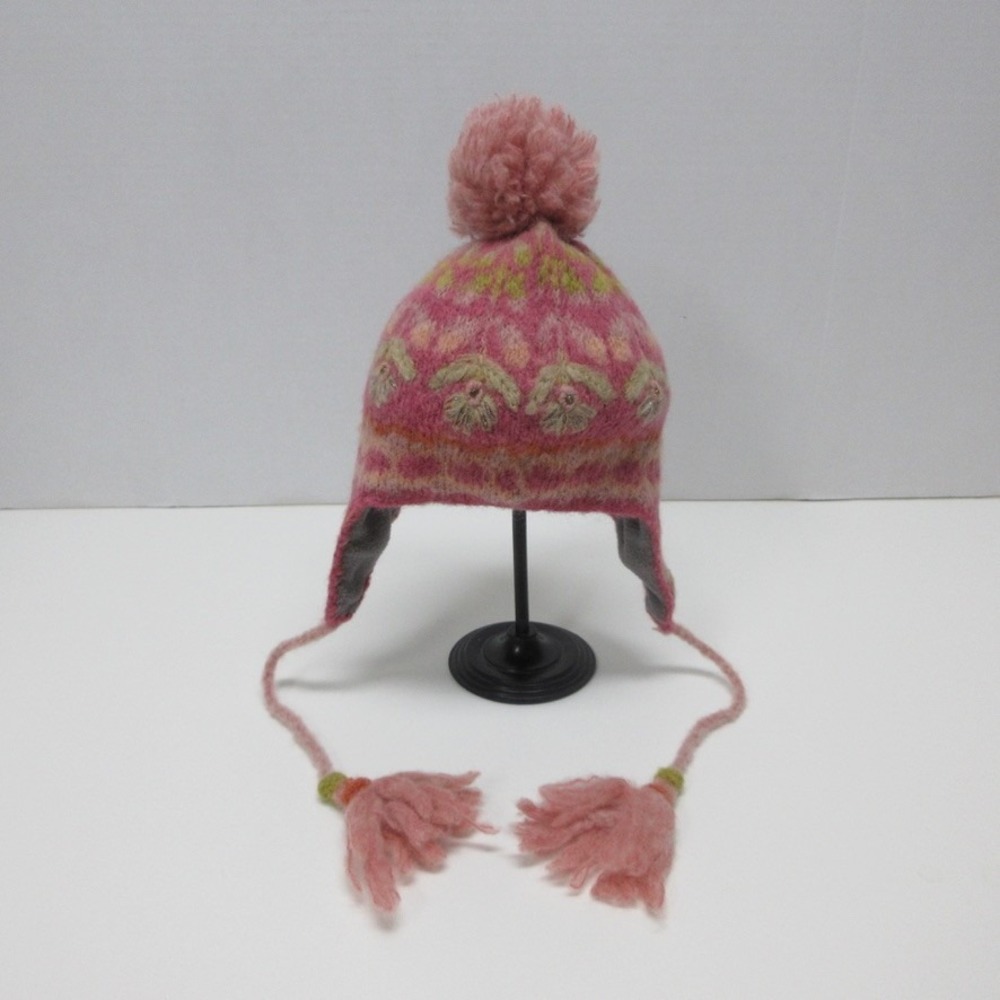 French Knot Beanie Hat Pink Multicolor Wool Alpaca Knit Pom Pom Winter Ski Cozy